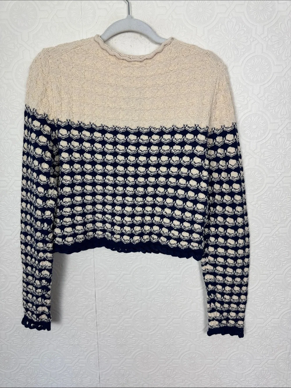 NWT J.Crew Textured Knit Cropped Cardigan Sweater Navy Cream‎ Gold Buttons Small
